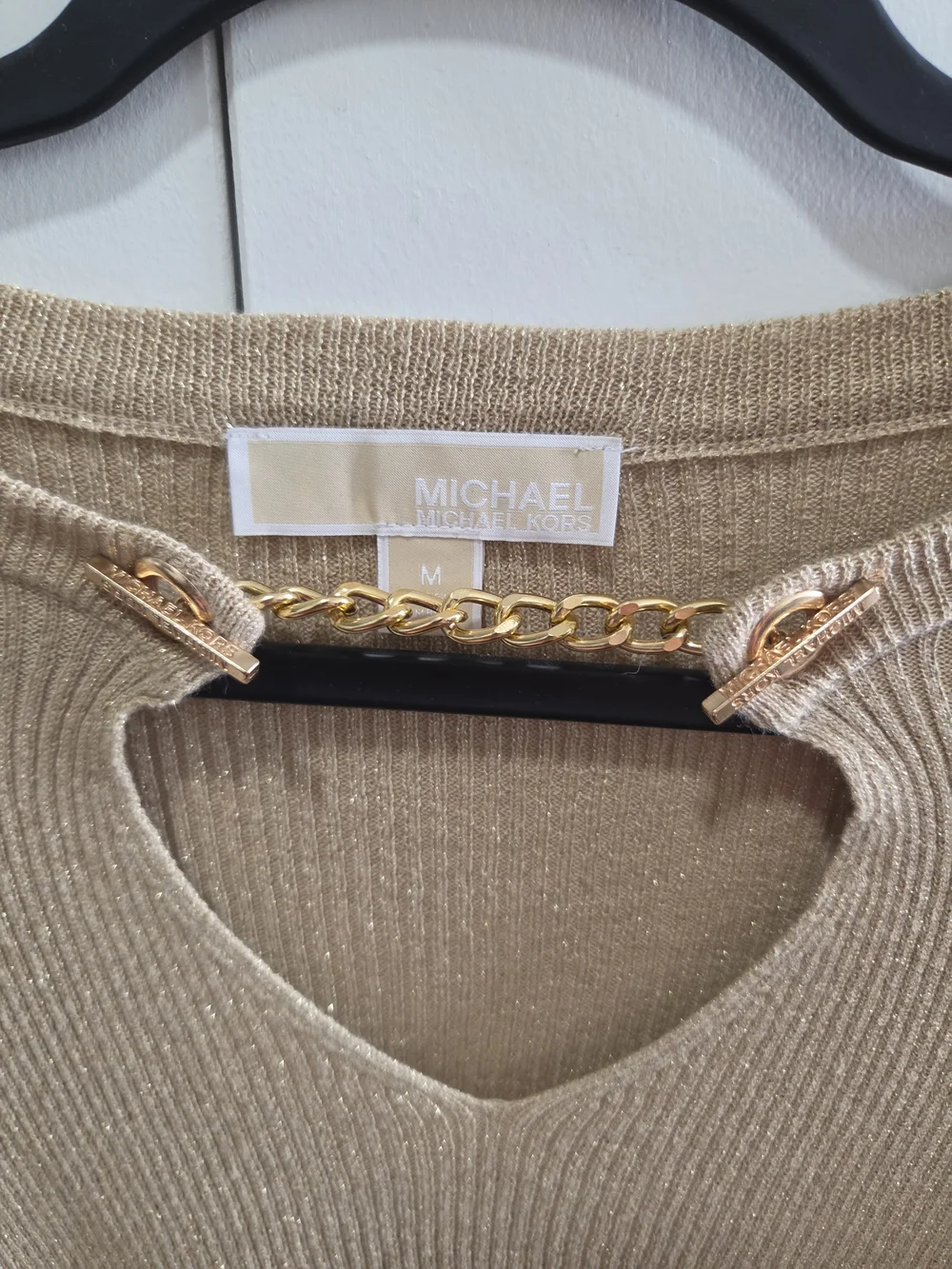 Michael Kors Gold-Trim Beige Ribbed Knit Top
